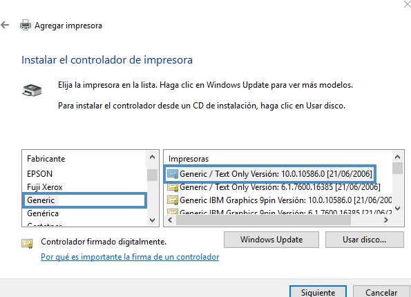Resultado de imagen para driver generic al configurar impresora